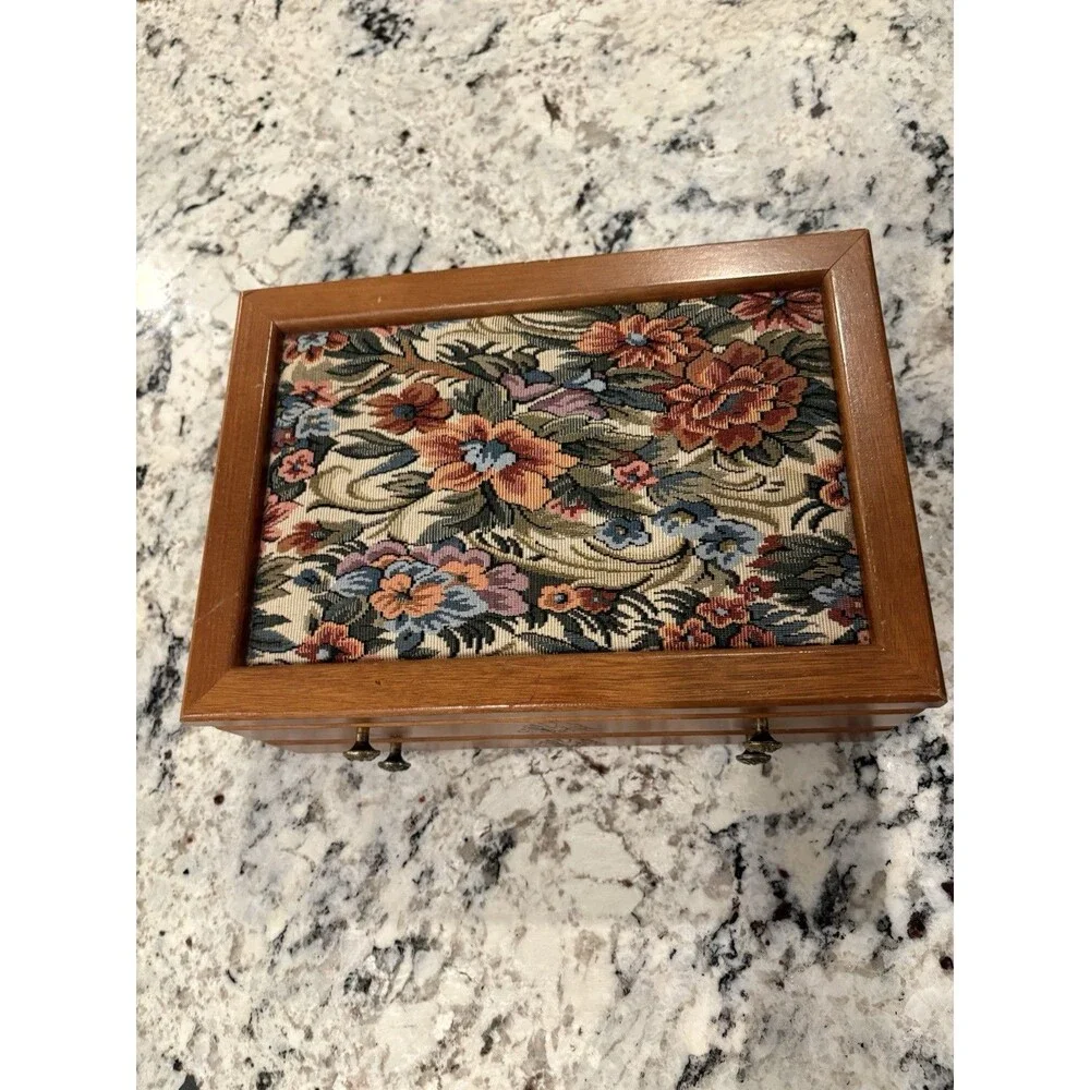 Vintage Floral Tapestry Top Wood Hinged Jewelry Box Pink Velvet Lining Drawer